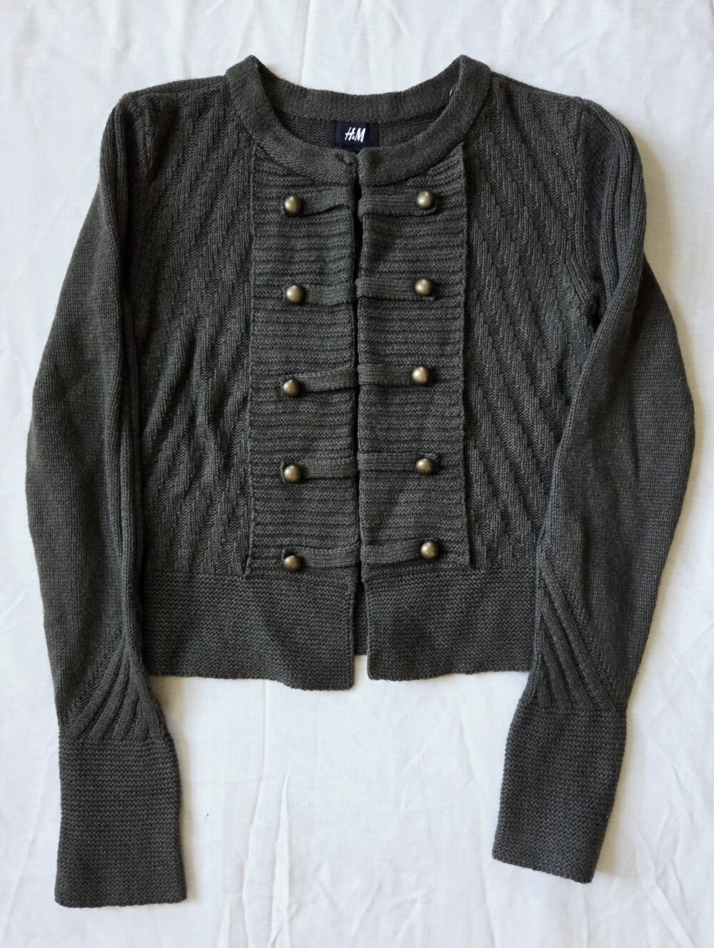 H&M Muted Army Green Military Style Knit Wool Angora Blend Cardigan Sweater